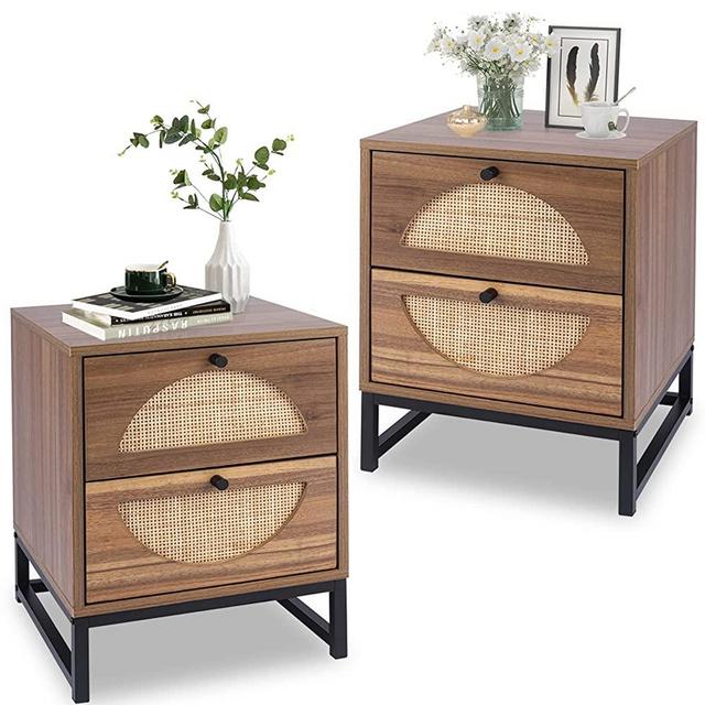 AWQM Rattan Nightstand Set of 2,Farmhouse End Table Set of 2,Wood Sofa Side Table,Accent Table with Storage, Bedside Table Accent Storage Cabinet for Bedroom Living Room,Metal Legs,Brown