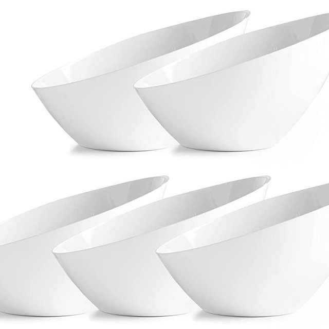 Posh Setting White Plastic Serving Bowls for Parties, Disposable Plastic Angled Serving Bowls, Hard Plastic Large Party Snack Bowls, Chips Bowls, Salad, Candy and Fruit Bowl 5 Pack