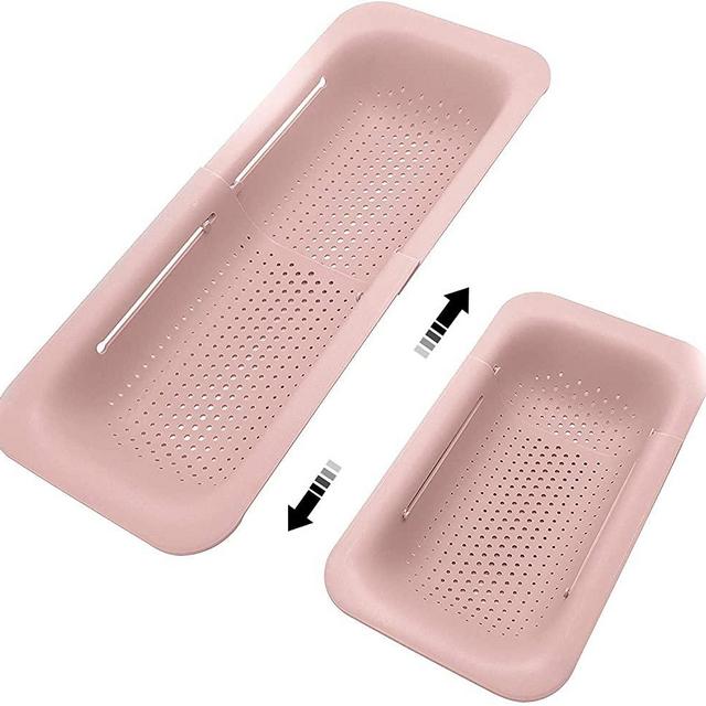 Sink Colanders and Strainers Basket Retractable Plastic Fruit Vegetable Strainer Drainer Basket for Kitchen (Length 14.3 inch-19.4 inch) (Pink)