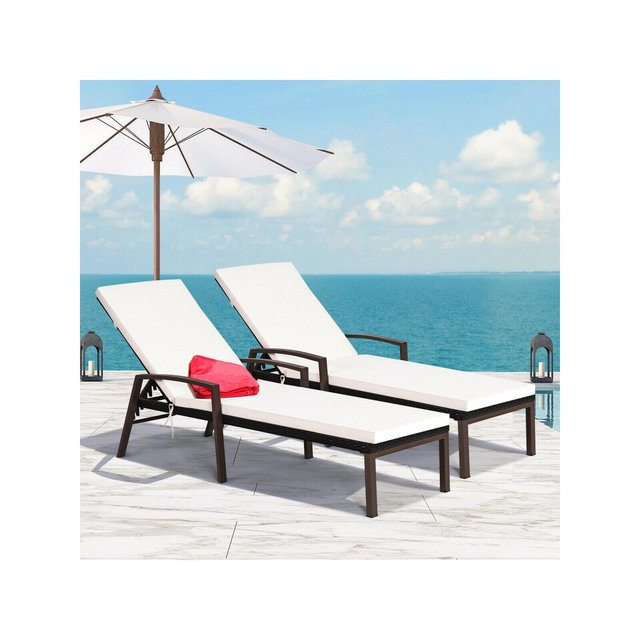 Costway 2PCS Patio Rattan Lounge Chair Chaise Recliner Back Adjustable Cushioned Garden Brown
