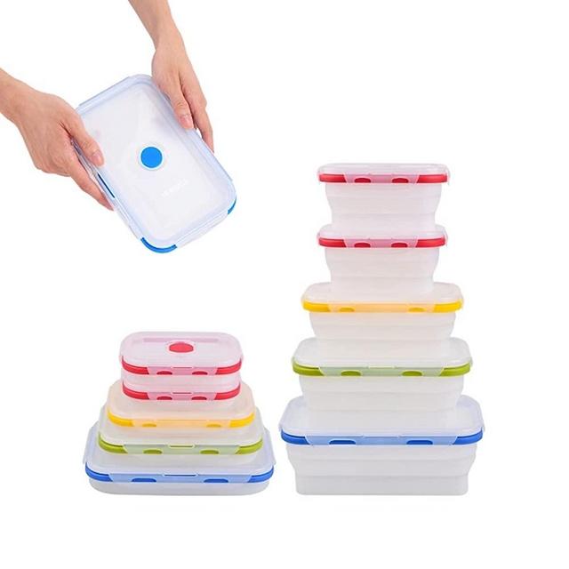 Ecoberi Collapsible Silicone Food Storage Containers, Food Grade Silicone, BPA Free, Airtight Snap-Top Lids, Microwave, Freezer, Dishwasher Safe, Set of 5 Multi-Rect