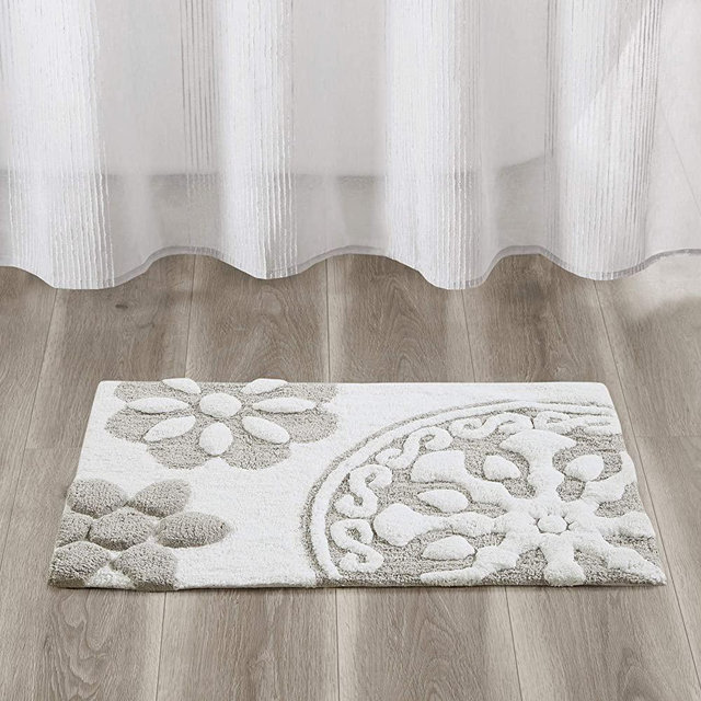 Madison Park 100% Backing-Luxrurious Plush Absorbent Cotton Tufted Medallion Pattern Floral Ultra Soft Non-Slip Cute Chic Bath Mat Bathroom Rugs, Rectangle 20" x 30", Taupe