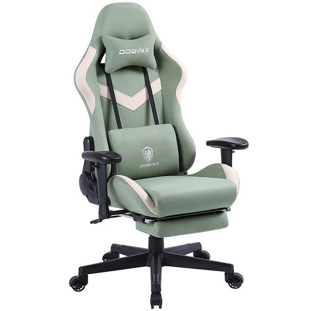 Dowinx Gaming Chair Breathable Fabric Office Chair with Pocket Spring Cushion and Massage Lumbar Support, High Back Ergonomic Computer Chair Adjustable Swivel Task Chair with Footrest Green