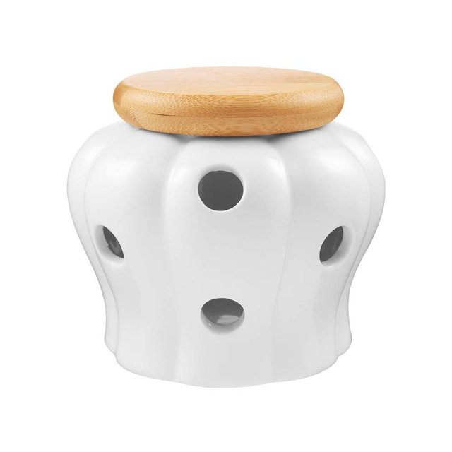 BUSKYI Garlic Keeper，Garlic Keeper for Counter， White Ventilated Garlic Container, Ceramic Garlic Storage Container with Bamboo Lid