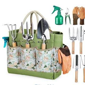 Gardening Tools 9-Piece Heavy Duty Garden Hand Tools with Fashion and Durable Garden Tools Organizer Handbag, Rust-Proof Garden Tool Set, Ideal Gardening Gifts for Women