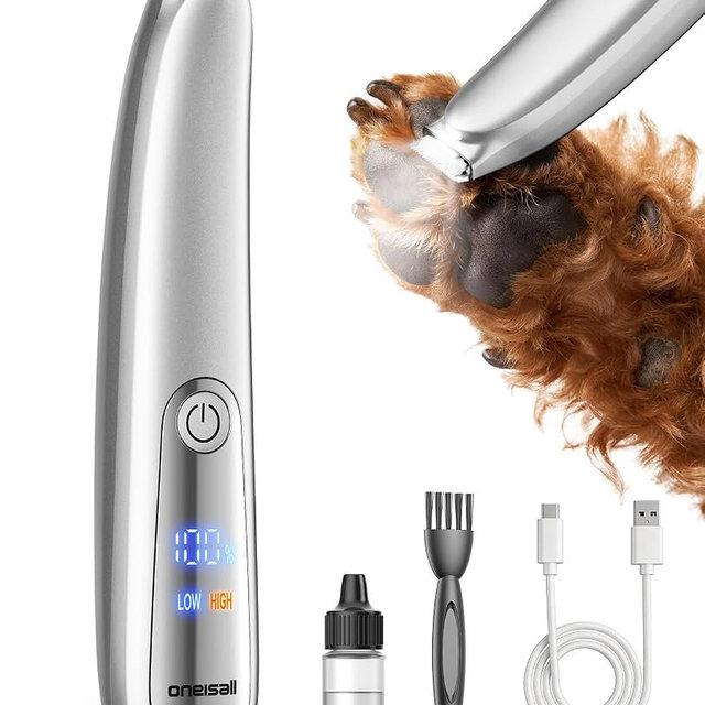 oneisall Dog Paw Trimmer with LED Light, 35dB Low Noise Paw Clippers for Dogs & Cats, 2-Speed 6500 RPM Cordless Rechargeable Trimmer with Curved Safety Blade for Between Toes & Sensitive Areas