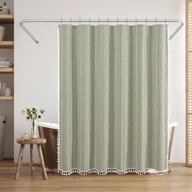 Americanflat 71x71 Woven Linen Green Shower Curtain with Tassel Accents - Includes 12 Grommets and Hooks - 100% Polyester