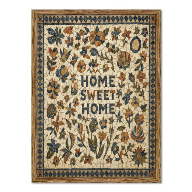 Vintage Mosaic Floral Wall Art Home Sweet Home Tile Florals Wall Decor Painting, Retro Country Boho Poster Canvas Print Picture for Living Room Bedroom 12x16 inch Wood Framed