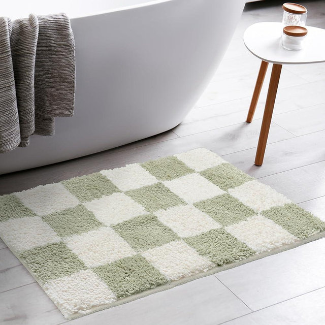 Tititex Luxury Sage Green Beige Checkered Grid Bathroom Rug, 24"x36" Classic Checkerboard Extra Soft and Absorbent Microfiber Bath Rugs, Non-Slip Plush Shaggy Bath Carpet for Bathroom Floor