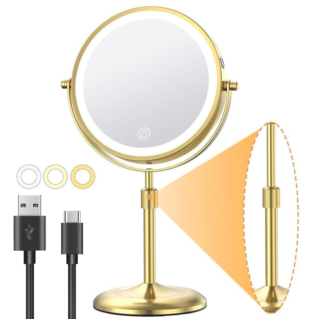 Gospire 7" Lighted Makeup Mirror with Magnification 10X/1X, Height Adjustable & 3 Color Dimmable Lights, 360° Swivel Double Sided Light up Rechargeable LED Cosmetic Vanity Cordless Standing Mirror