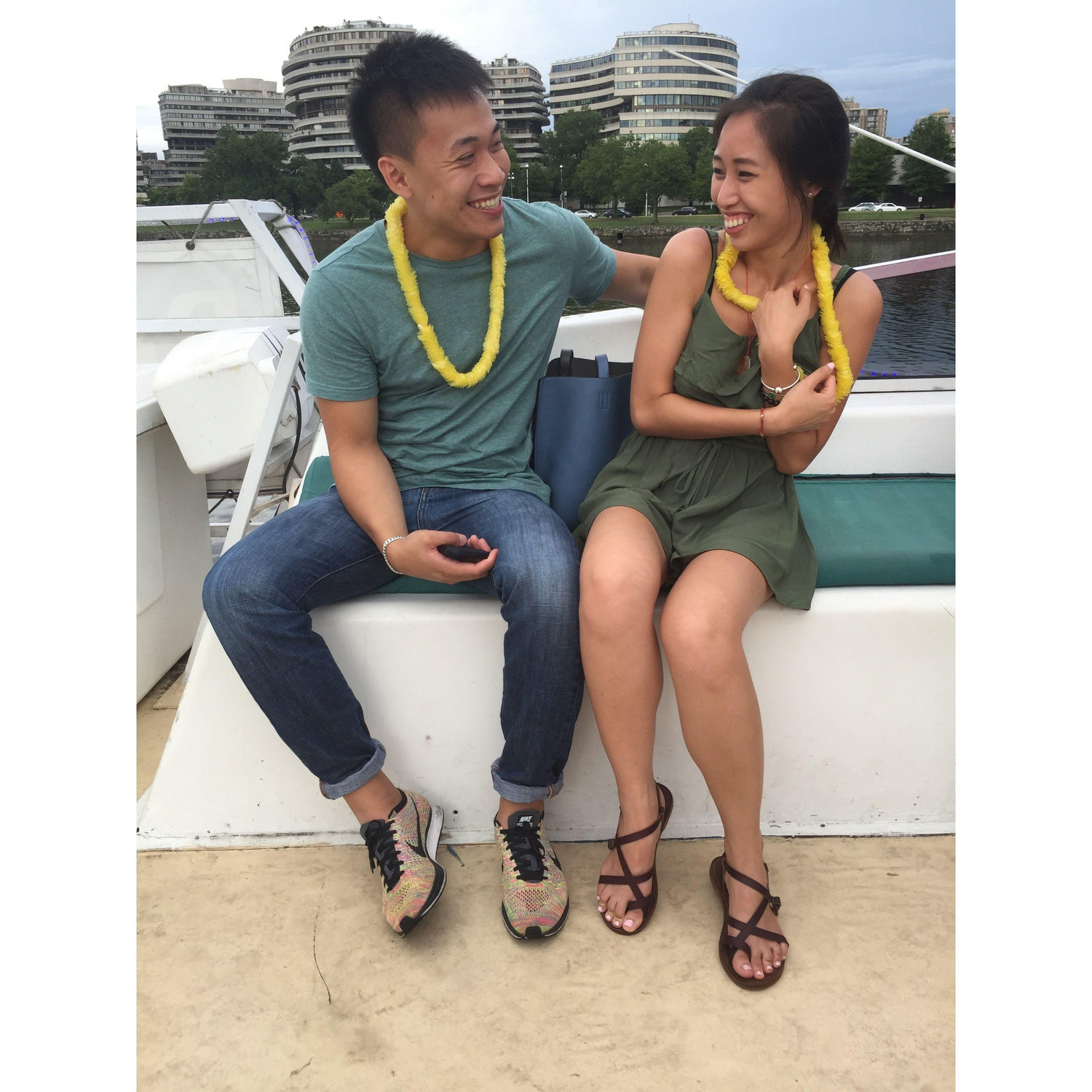 Laughing at each other because we both freaked when a bee made it onto the boat in the middle of the Potomac.