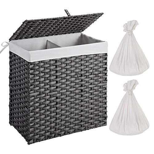 Greenstell Handwoven Laundry Hamper with 2 Removable Liner Bag,Synthetic Rattan Laundry Basket with Lid and Handles,Foldable and Easy to Install Gray(Larger Size