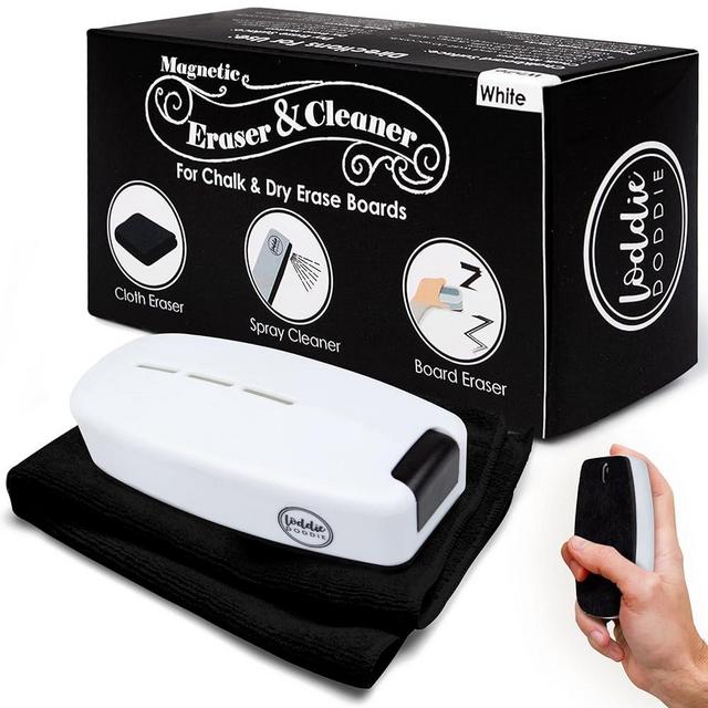 Loddie Doddie Chalkboard Cleaner Spray and Magnetic Eraser All-in-One Kit - Remove Liquid Chalk Marker and Ink from Chalk Board Signs, Whiteboard, Dry Erase Marker Board (White)