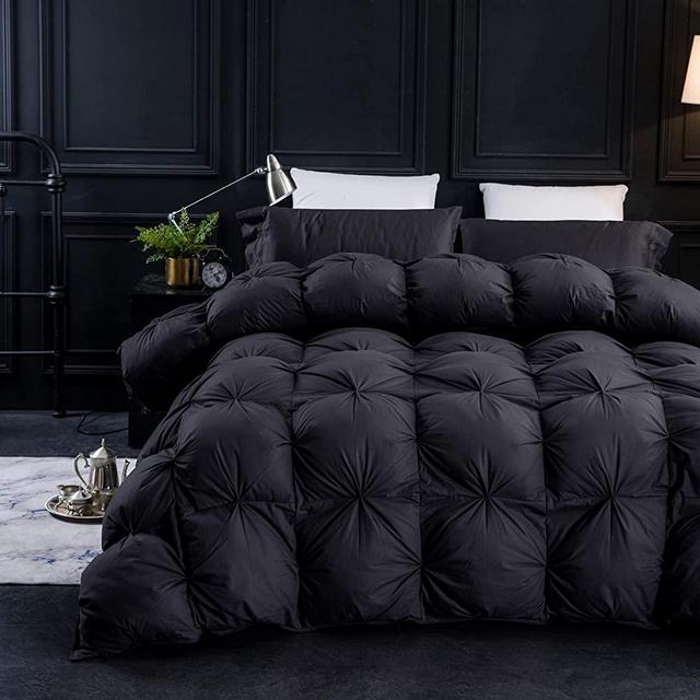 Three Geese Pinch Pleat Goose Feathers Down Comforter Queen Size Duvet Insert,750+ Fill Power,1200TC 100% Cotton Fabric,Premium Black-Gray Comforter for All Seasons with 8 Tabs