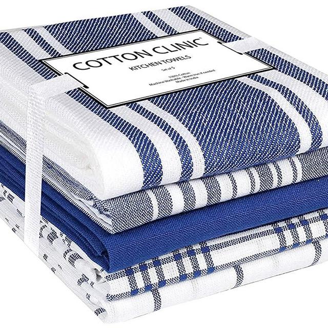 Cotton Clinic 16x28 Set of 5 Ring Spun Cotton Kitchen Dish Tea Bar and Cleaning Towels with Hanging Loop, Navy White