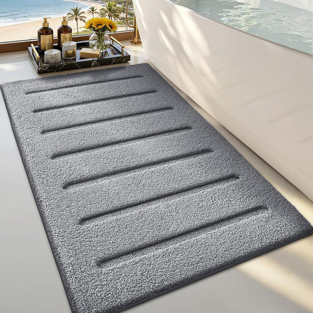 LUMI Soft Absorbent Bathroom Rugs, Non Slip Bath Mats for Bathroom, Fluffy Thick Striped Bath Rug with Washable, Ideal for Floor, Shower Tub, Entryway, 24"x43", Grey
