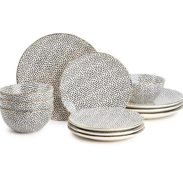 Thyme & Table Dinnerware Black & White Dot Stoneware, 12 Piece Set