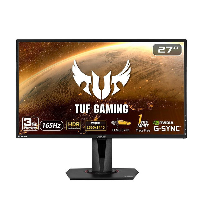 ASUS TUF Gaming 27" 2K HDR Gaming Monitor (VG27AQ) - QHD (2560 x 1440), 165Hz (Supports 144Hz), 1ms, Extreme Low Motion Blur, Speaker, G-SYNC Compatible, VESA Mountable, DisplayPort, HDMI ,Black