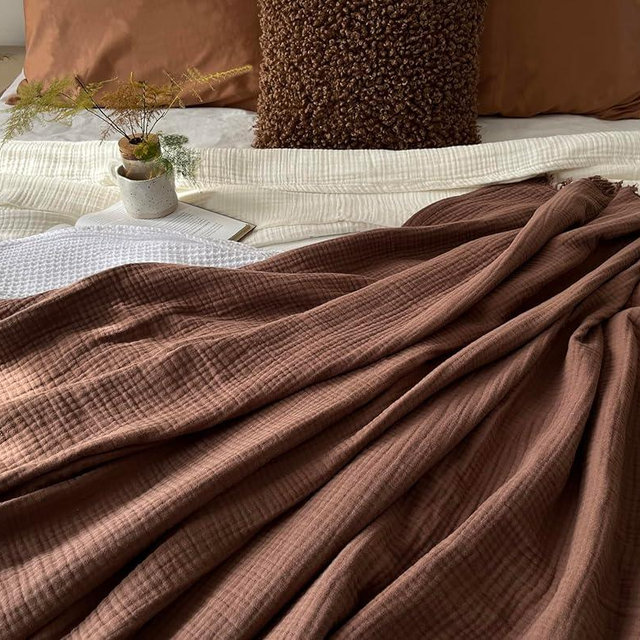 KyraHome 100% Organic Muslin Cotton Throw Blanket for Couch Adult, Travel, 4-Layer Pre-Washed Plant Dyed, Breathable Soft, Cozy, Home Decor Blanket, All Season (Brown Caramel, 55x60 inches)