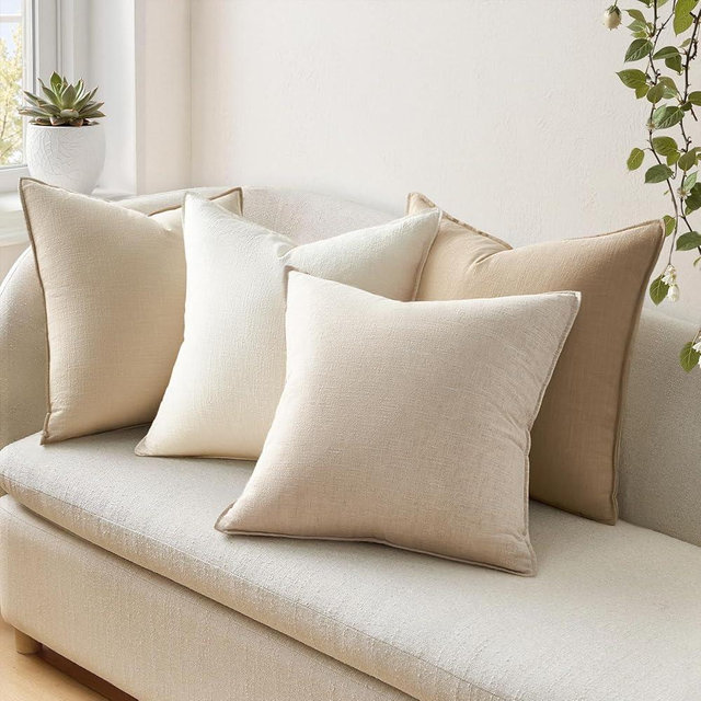 Drapenova Neutral Linen Pillow Covers 18x18 Pack of 4 Boho Couch Throw Pillows with Flange Design for Bed Accent Modern Pillowcase for Sofa Livingroom Bed and Balcony Home Decor