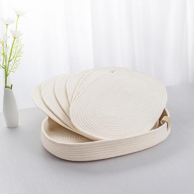 ART pinecone Cotton Rope Woven Placemats 16 * 12 inches Oval Hot Pads Hot Mats Set of 6, and 1 Storage Basket for Holiday Table Decor (16 * 12, Off White)