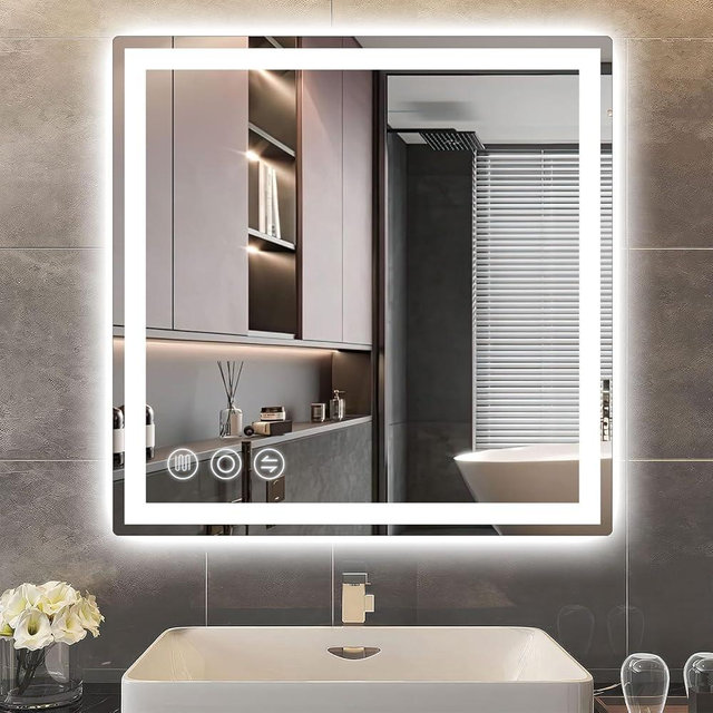 Memobarco LED Bathroom Mirror 24"x 24" with Frontlit and Backlit, Anti-Fog Bathroom Vanity Mirror,Stepless 3 Colors Temperature & Dimmable Wall Mounted Mirror,Memory Tempered Glass Mirror for Bathroom