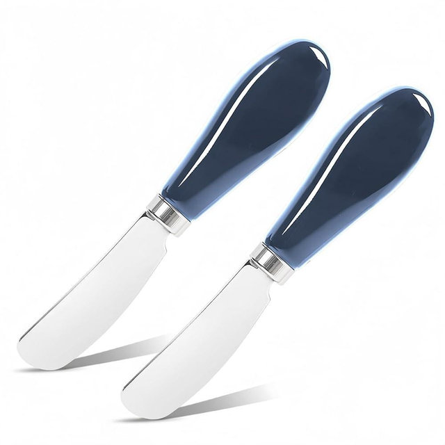 Siutco Butter Spreader Knife Set, 2-Pack Stainless Steel Cheese and Butter Knives with Ceramic Handle, Dishwasher Safe, for Soft & Hard Cheese, Jam, Cold Butter (Navy Blue)