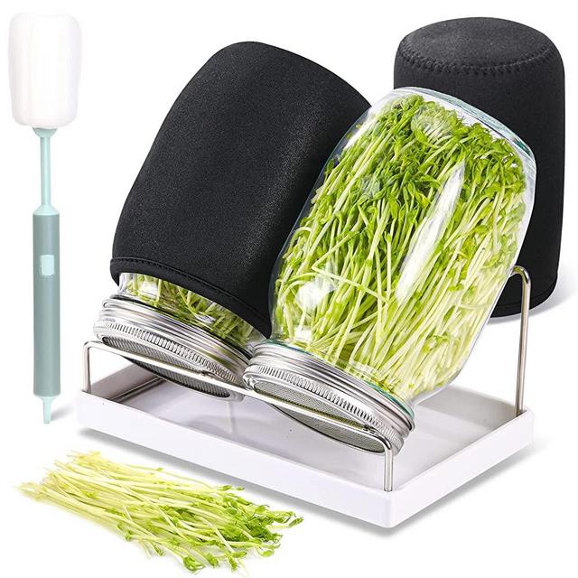Sprouting Jar Kit 2Pcs Large Wide Mouth Mason Jars With Stainless Steel Screen Sprout Lid ,Sprouting Jar Stand,Tray,Blackout Sleeves,Brush-Seed Sprouting Kit For Growing Mung beans,Broccoli And So On