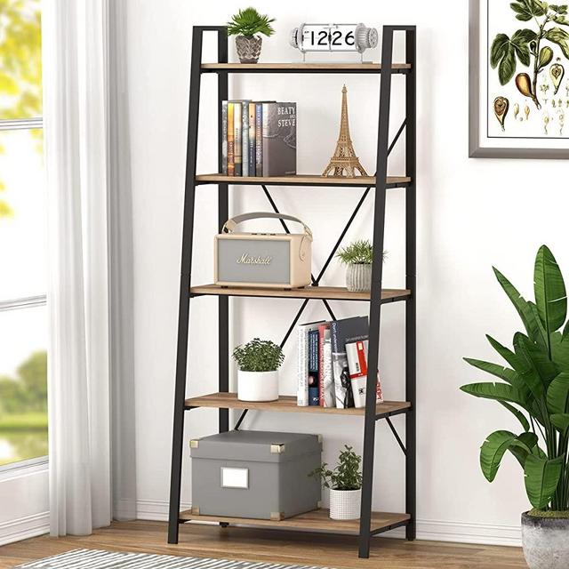 BON AUGURE Industrial 5 Tier Ladder Bookshelf, Wood and Metal Ladder Shelf Bookcase, Farmhouse Leaning Shelves for Living Room (Vintage Oak)
