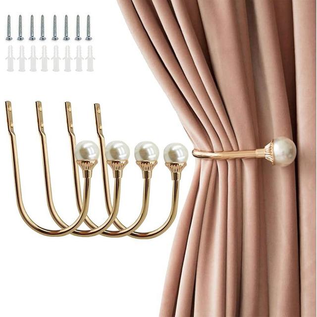 Coolnice 4 Pack Curtain Holdbacks Wall Mounted Curtain Tiebacks Hooks Plastic Pearl U Shape Curtain Tiebacks with Screws Curtain Ties for Home Office-Gold