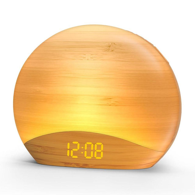 REACHER Sunrise Alarm Clock with Bluetooth Speaker & FM Radio, Gradual Wake Up Light, Digital Dimmable Clock, Bedroom Lamps, 8 Color Night Lights, Home Decor, Wood Clock for Adult, Kid