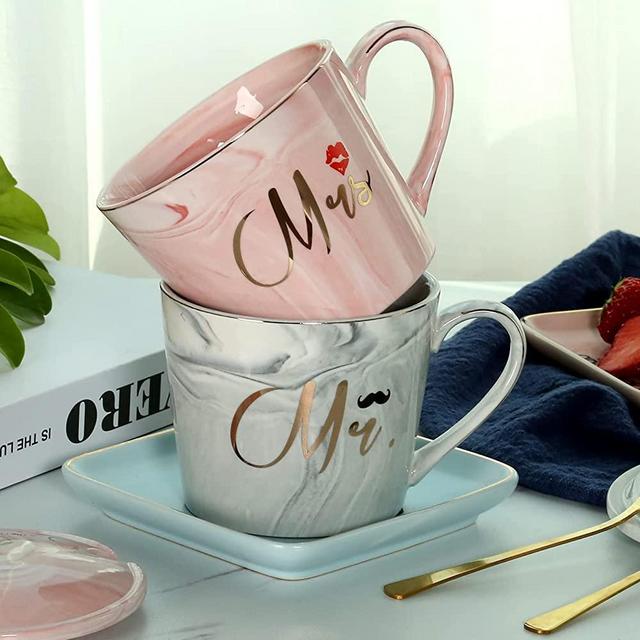 Mr Mrs Couple Coffee Mugs - Couple Cups Wedding Anniversary - Mr and Mrs Mugs Set - Couples Gift for Bridal Shower Engagement Birthday Party - Married Couples Ceramic Marble Cups (Grey and Pink)