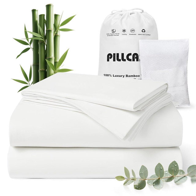 Luxury Organic Tencel & Viscose from Bamboo Cooling Sheet Set,Silky Soft Lyocell Sheets with Deep Pocket, Hypoallergenic & Breathable Bedding with Pillowcases (White, Queen)