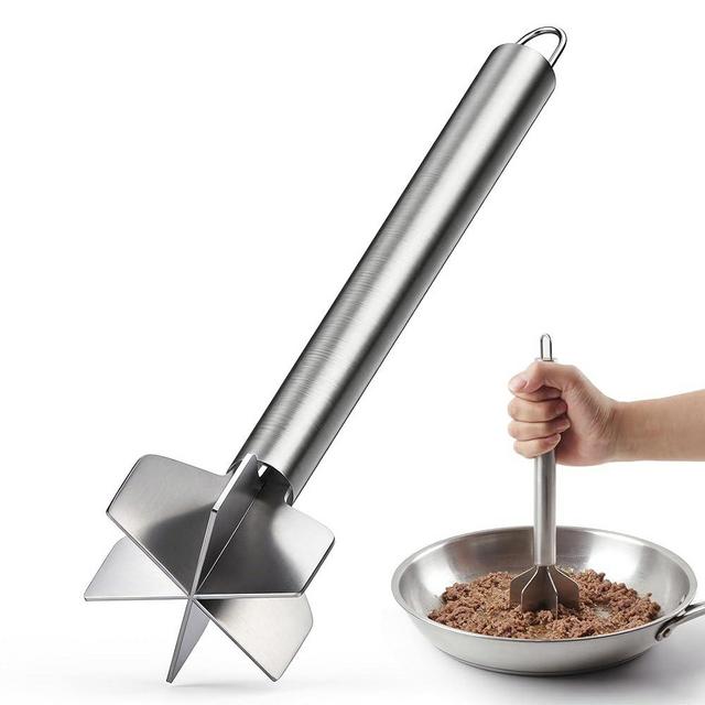 Stainless Steel Meat Masher, 6 Blade Ground Beef Chopper Tool 10.8Inch Potato Masher with Handle, Potato Masher Hamburger Smasher for Kitchen Cooking Vegetable Puree