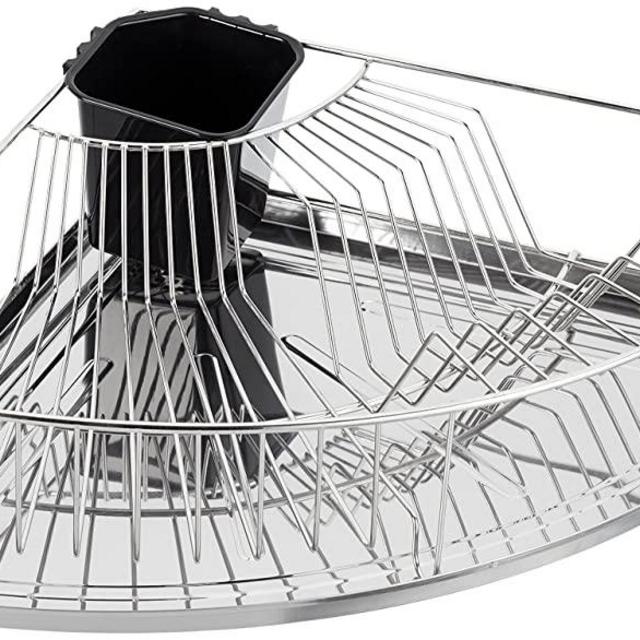 WENKO, Silver Matt, Drying Rack for Kitchen, Stainless Steel, Corner Dish Drainer, Dimensions (W x H x D): 14.76 x 4.13 x 14.76 x H x