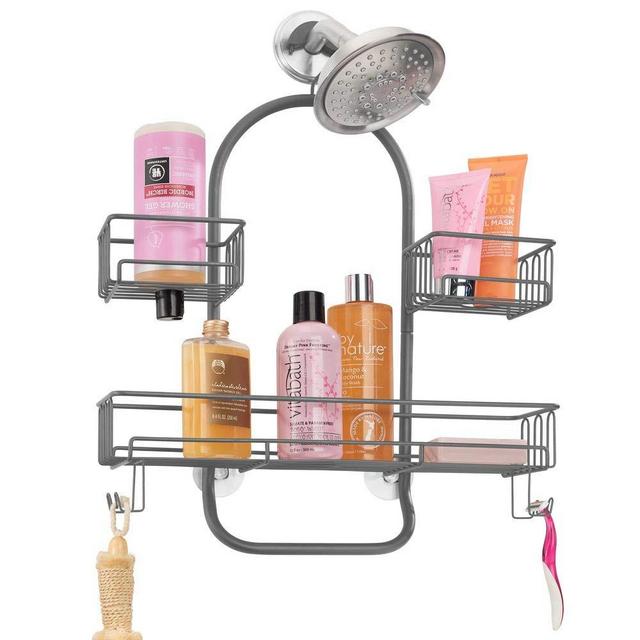 mDesign Extra Wide Metal Wire Tub & Shower Caddy, Hanging Storage Organizer Center with Built-in Hooks and Baskets on 2 Levels for Shampoo, Body Wash, Loofahs - Rust Resistant - Graphite Gray