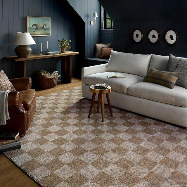 Loloi Chris Loves Julia Calvin Collection CLV-01 Pebble/Ivory 7'-10" x 10' Area Rug Checkered Neutral Soft Living Room Bedroom Carpet