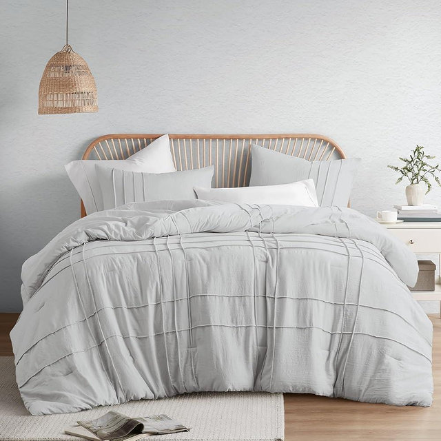Comfort Spaces Silver Cal King Size Comforter Set - 3 Pieces Pintuck Pleated Bedding Sets Cal King, All Season Lightweight, Extra Softness Pre-Washed Microfiber Cal King Bed Set, Shams, Cal King