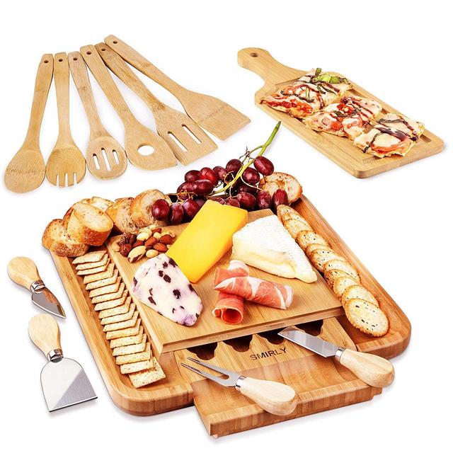 Charcuterie Cheese Board & Knives Set: Bamboo Serving Trays & Pizza Platter for Parties, Entertaining or House Warming - Wood Cutting Tray with Pull Out Knife Drawer, Steel Cutlery & Serving Utensils