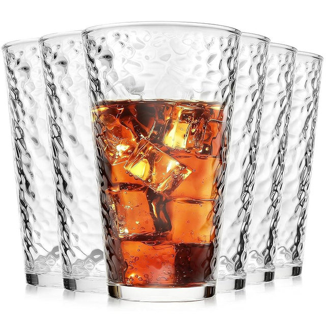 ALINK 16 oz Drinking Glasses, Set of 6 Hammered Glass Cups, Clear Heavy Base Stemmed Highball Water Glasses for Beer, Iced Coffee Cups, Cocktail Glasses, Wine, Iced Tea, Dishwasher Safe