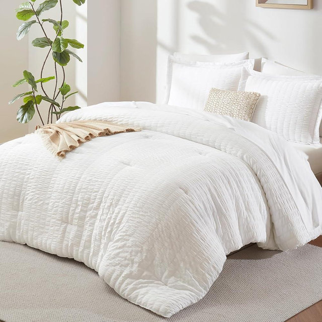 CozyLux California King Comforter Set with Sheets 7 Pieces, White Seersucker Bed in a Bag Cal King Luxury Soft Bedding Sets with Down Alternative Comforter, Sheets, Pillowcases & Shams for All Season