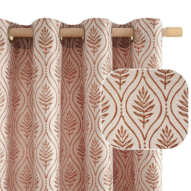 BGment Terracotta Linen Curtains for Living Room, French Country Leaf Jacquard Botanical Pattern Cottage Core Boho Vintage Grommet Light Filtering Semi Sheer Linen Curtains, 2 Panels, 52 x 84 Inch