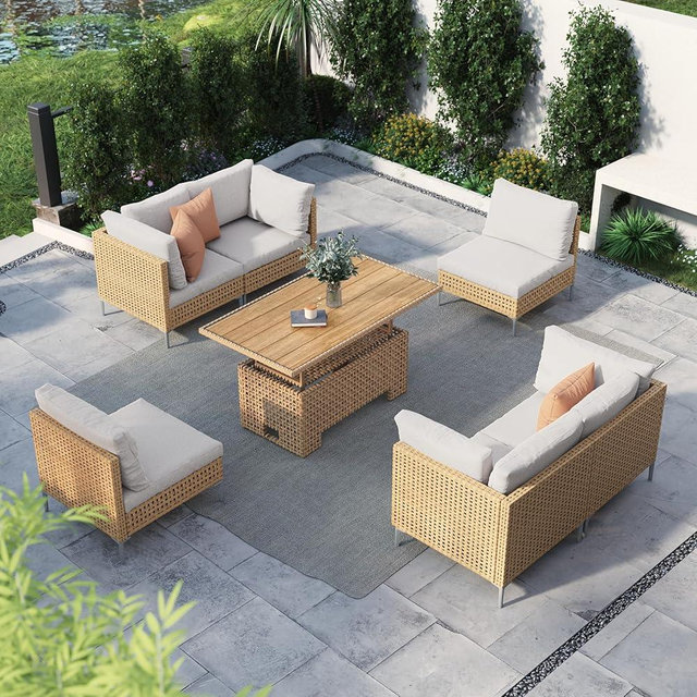 Grand patio 7-Piece Patio Wicker Furniture Set with Lift Top Coffee Storage Table, Outdoor Conversation Set Sectional Sofa with Water Resistant Thick Cushions, Cream