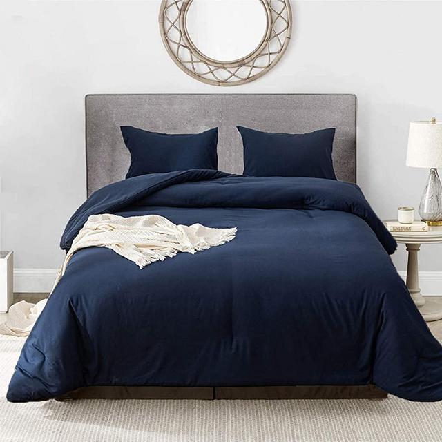Luxlovery Navy Blue Comforter Set Queen Men Boys Dark Blue Bedding Comforter Sets Dark Color Full Comfy Soft Blanket Quilts Cozy Breathable Solid Hotel Quality Bedding Comforter Set with 2 Pillowcase