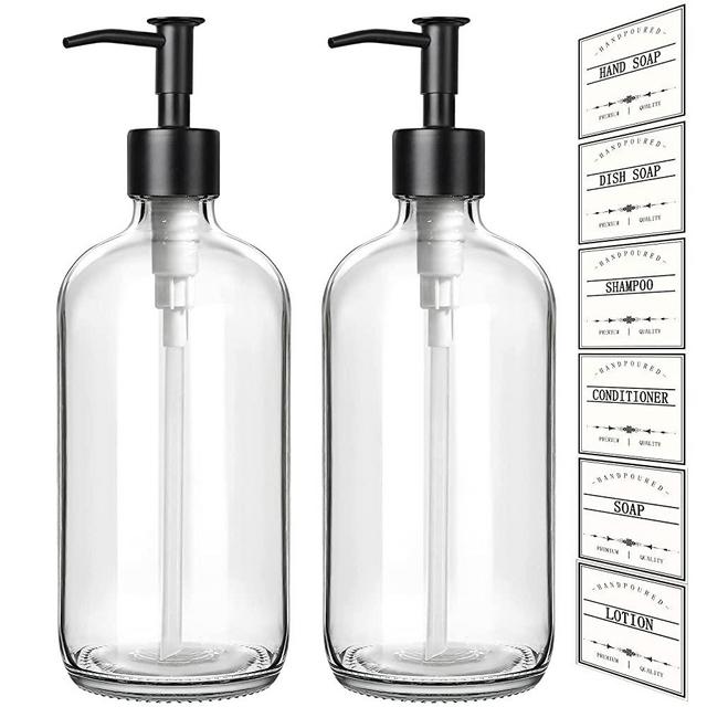 GMISUN Glass Soap Dispenser with Matte Black Stainless Steel Pump, 2 Pack Clear Hand and Dish Soap Dispenser Set, 16 Oz Refillable Liquid Soap Bottle, Modern Empty Bottles for Kitchen & Bathroom