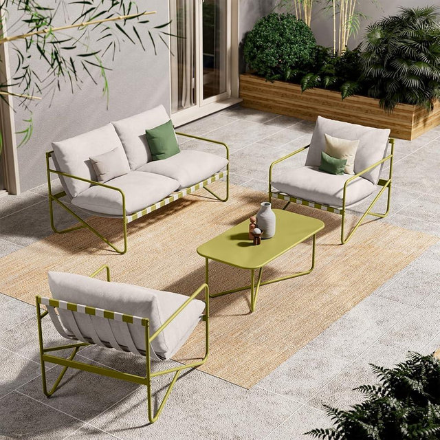 Grand patio 4-Piece Patio Furniture Set, Outdoor Patio Sofa with Cushion, Modern Metal Couch Loveseat Chairs Coffee Table Conversation Set for Porch Deck Balcony Backyard Living Room