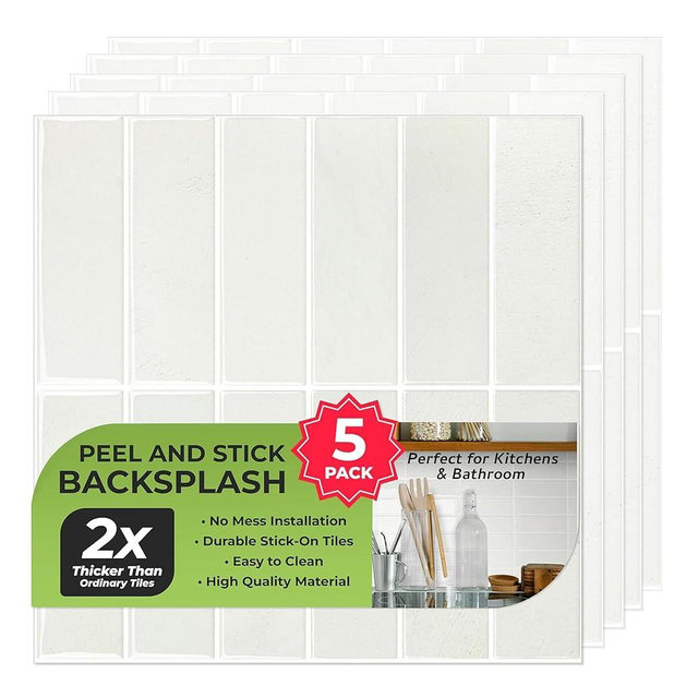 5 Pack Peel and Stick Backsplash Subway Tiles, Extra Thick 3D Wall Panels, Heat & Water Resistant, Easy DIY Kitchen, Bathroom, Laundry, Fireplace & Rental Home Wall Décor (12 x 12 in), Stone White