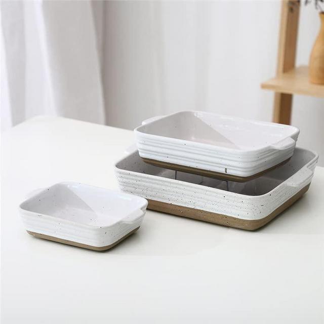 Ceramic Baking Dishes - Set of 3 Oven Safe Stoneware Rectangular Oven to Table Casserole Lasagna Cake Pans in Modern Country (3 Sizes, White Farmhouse)