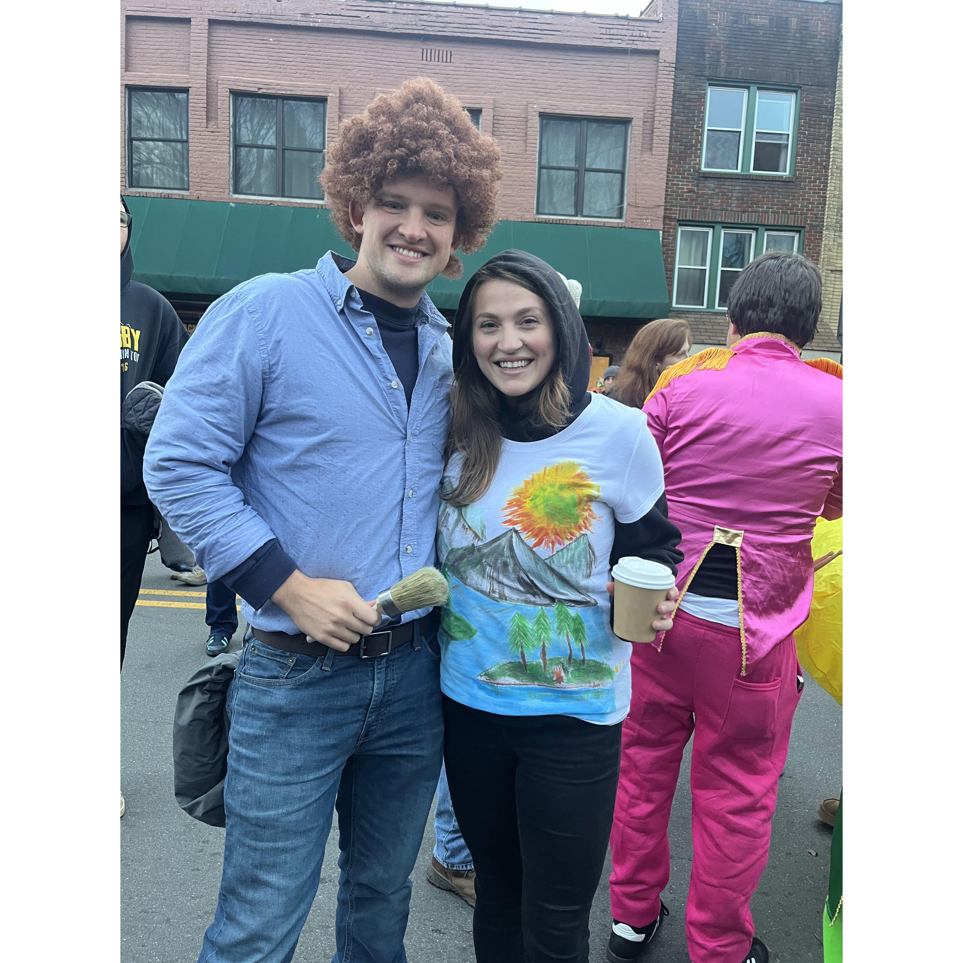 Won first place for our costume contest in downtown Boone. Bob Ross and his Canvas