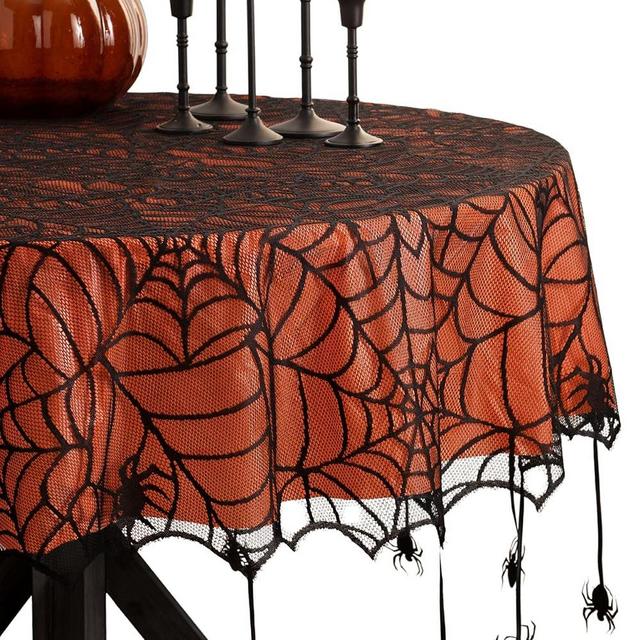Elrene Home Fashions Crawling Spider Halloween Tablecloth Lace Lined with Removable Orange Plastic Liner, 70" Round, Orange & Black